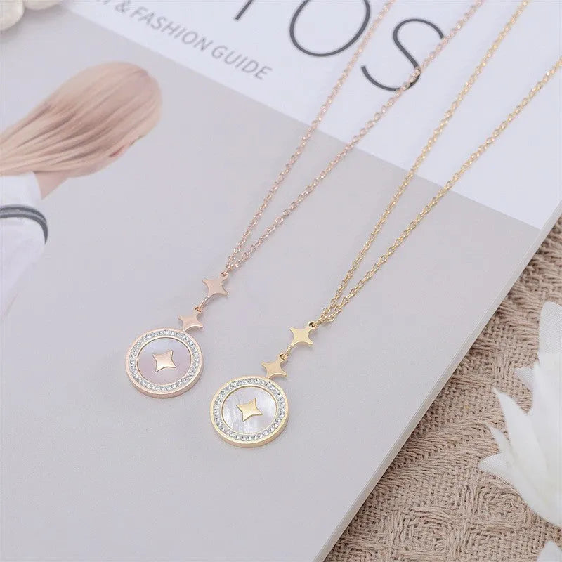 Six-pointed star titanium steel pendant necklace on O-ring chain in rose gold colour