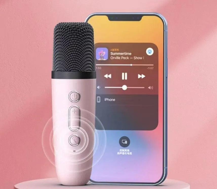 Portable Bluetooth karaoke microphone speaker with coloured LED lights in pink, sky blue and white colour options