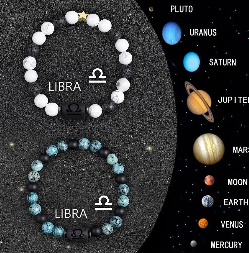 Set of twelve natural stone zodiac sign bracelets with elastic closures arranged in circle