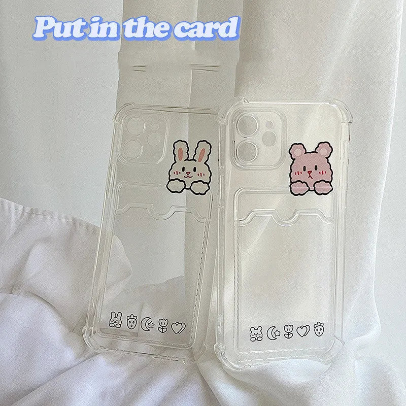 Transparent cartoon design phone case with card holder slot for Apple iPhone