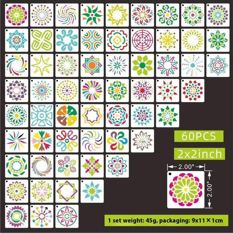 Milky white PET film 2-inch spray painting templates showing hollow cut patterns including animals, flowers, letters, and ocean themes