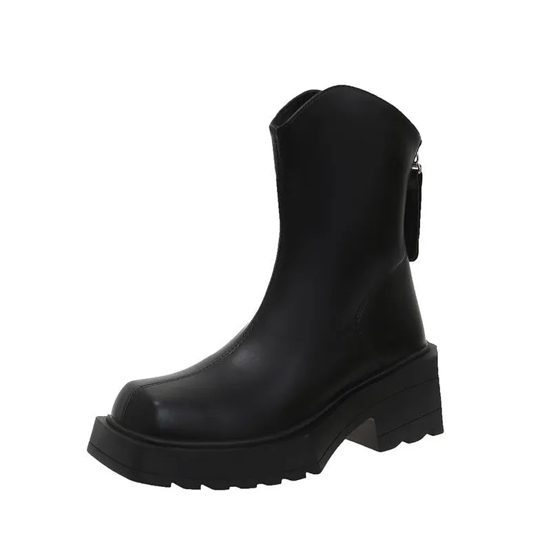 Black square toe women's platform Martin boots with a high heel and back zipper.