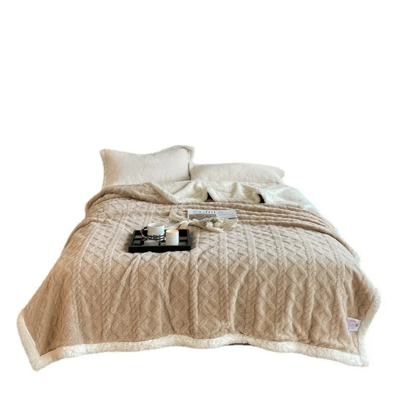 Polyester winter thermal blanket in beige colour, sized 180x200 cm, on a bed.