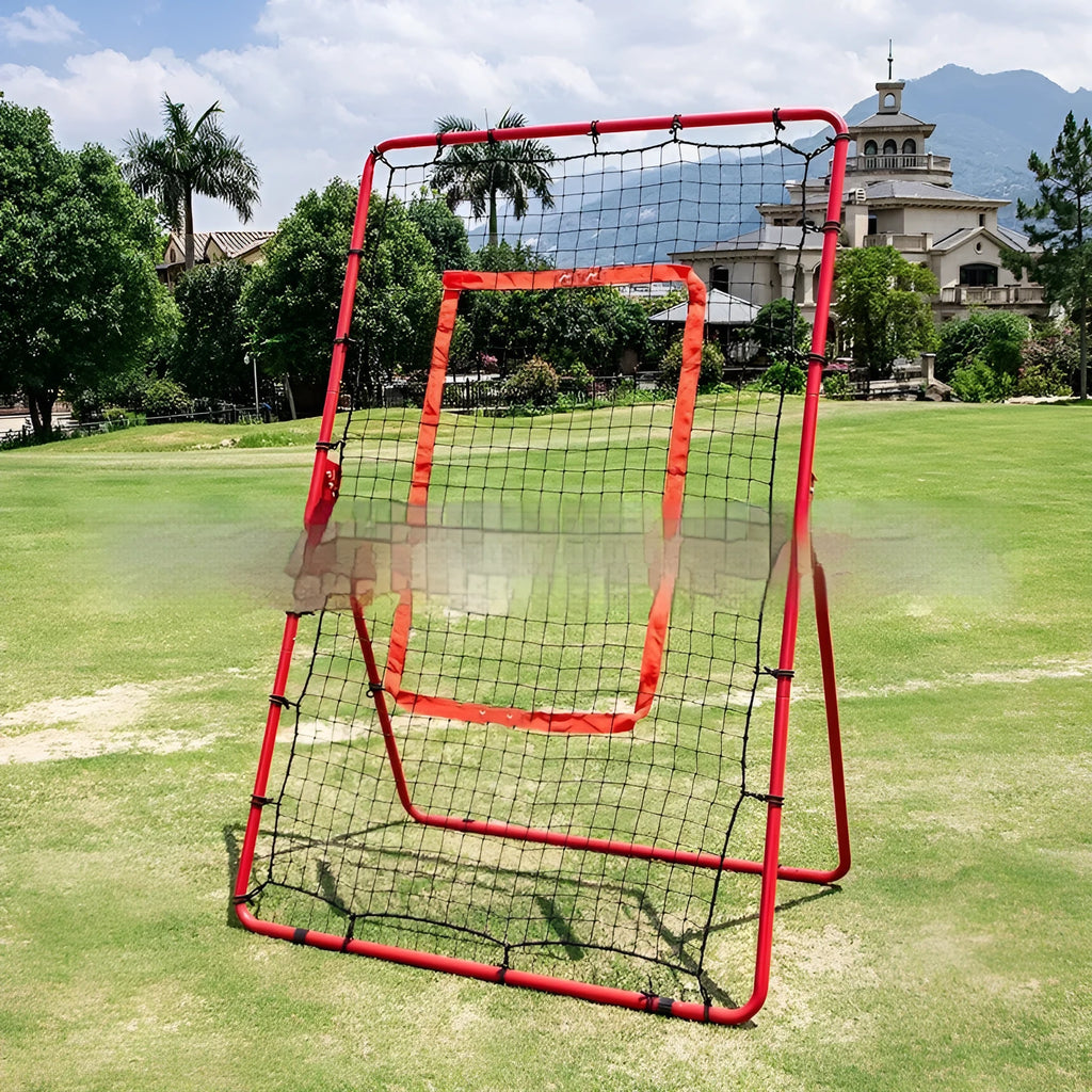 Red adjustable portable baseball training net with a 4ft by 6ft catching area and metal frame.