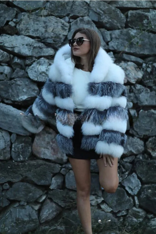 Women's artificial fur hooded coat in street fashion style showing medium 65cm length