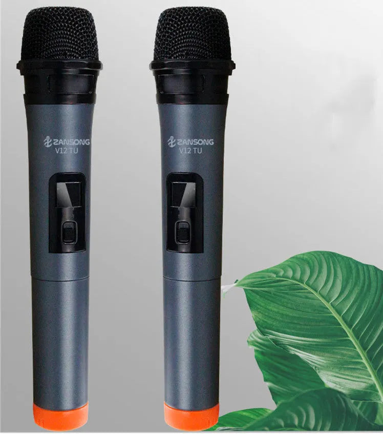 Black V12 dynamic wireless handheld microphone with USB receiver, audio cable and adapter