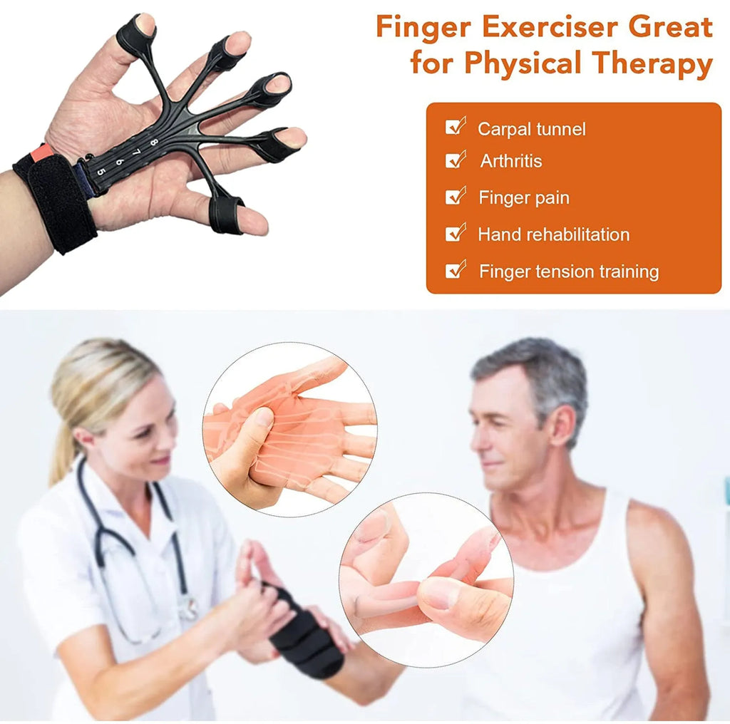 Silicone finger flexion and extension rehabilitation trainer with adjusting belt.