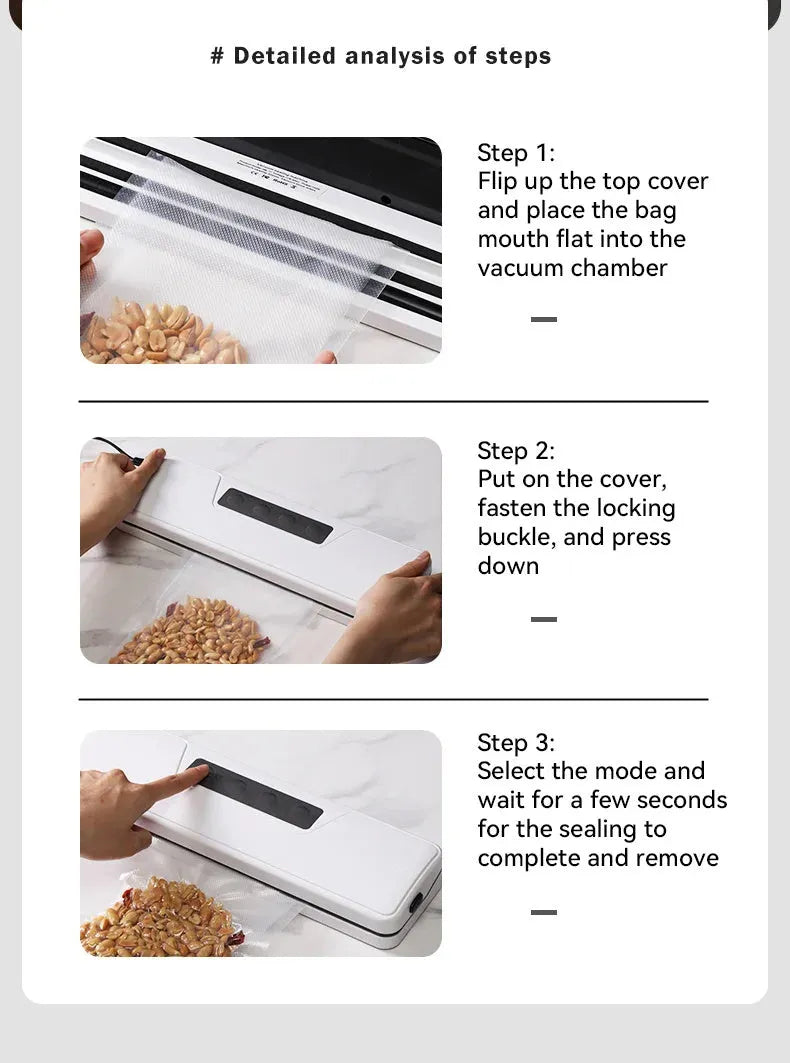 White automatic household vacuum sealer machine on a kitchen countertop.