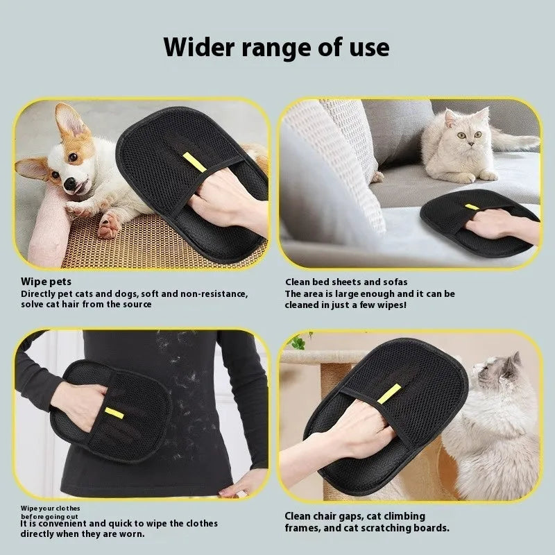 Black pet hair remover glove with silicone bristles for dogs and cats, shown on a hand
