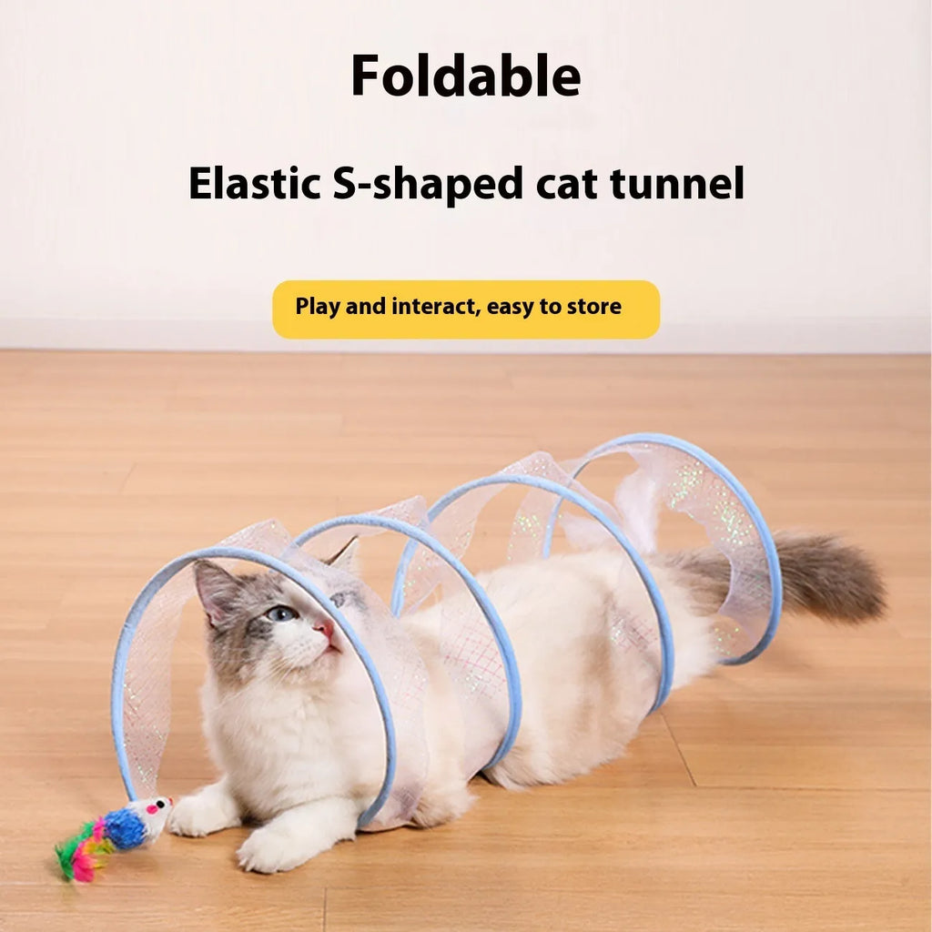 S-type cat tunnel with steel wire frame and elastic net walls, featuring attached feather toys, on a wooden floor