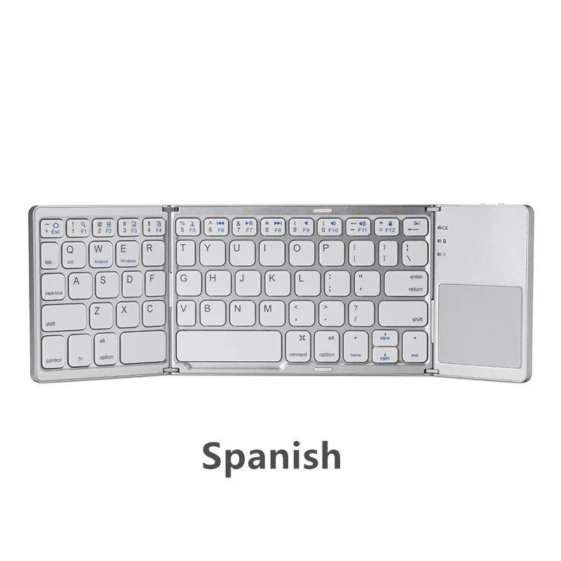 Ultra-thin tri-fold folding Bluetooth keyboard with touchpad in black, shown folded and open.