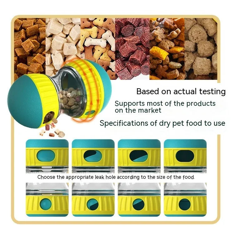 Food dispensing dog toy tumbler in Lake Blue with adjustable leak opening and soft rubber roller for quiet play