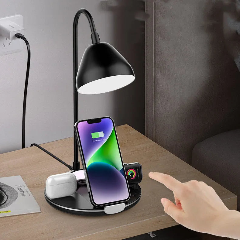 Black magnetic folding wireless charger shown open and closed, with integrated USB cable.