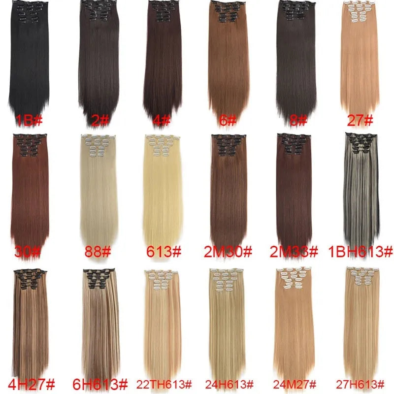 Long straight high temperature fibre wig extensions 6-piece set 60cm length colour 1B