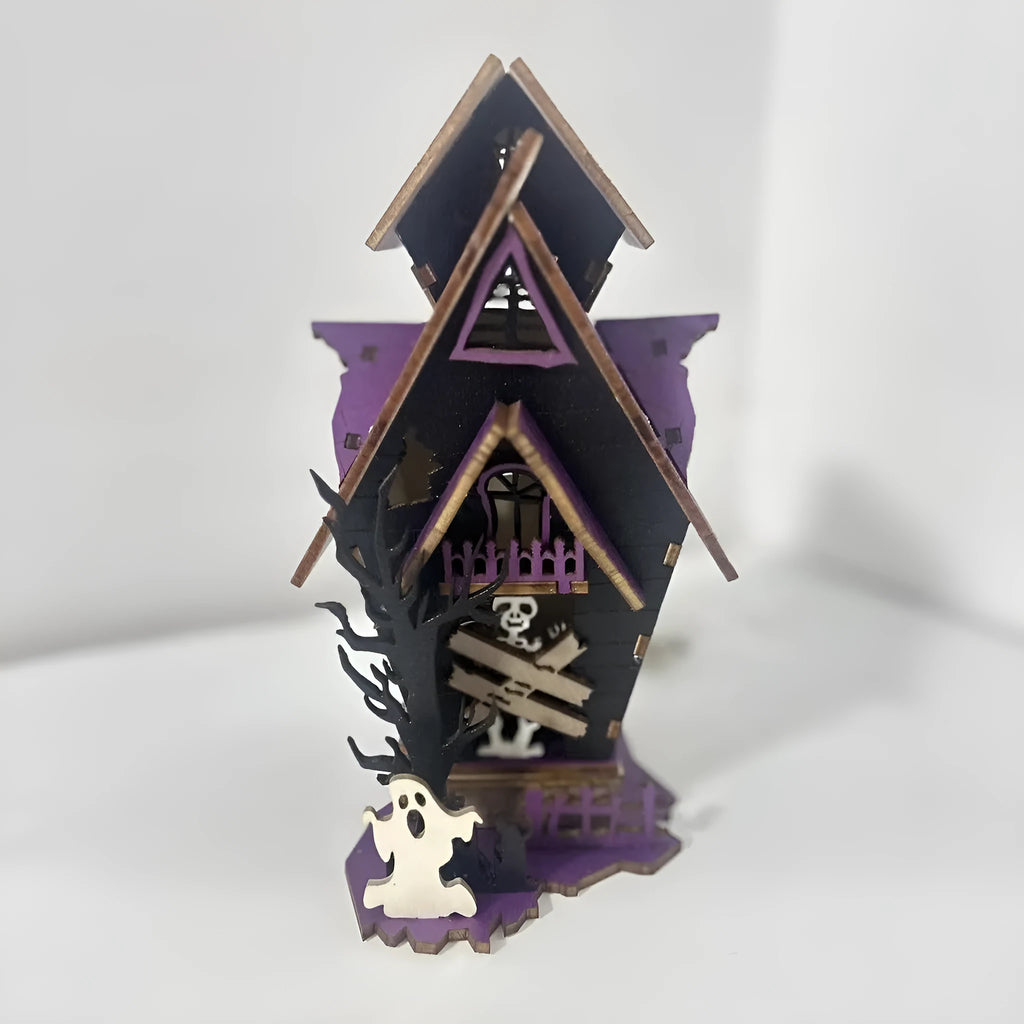 Unpainted wooden haunted house Halloween decoration measuring 14cm wide by 19cm tall