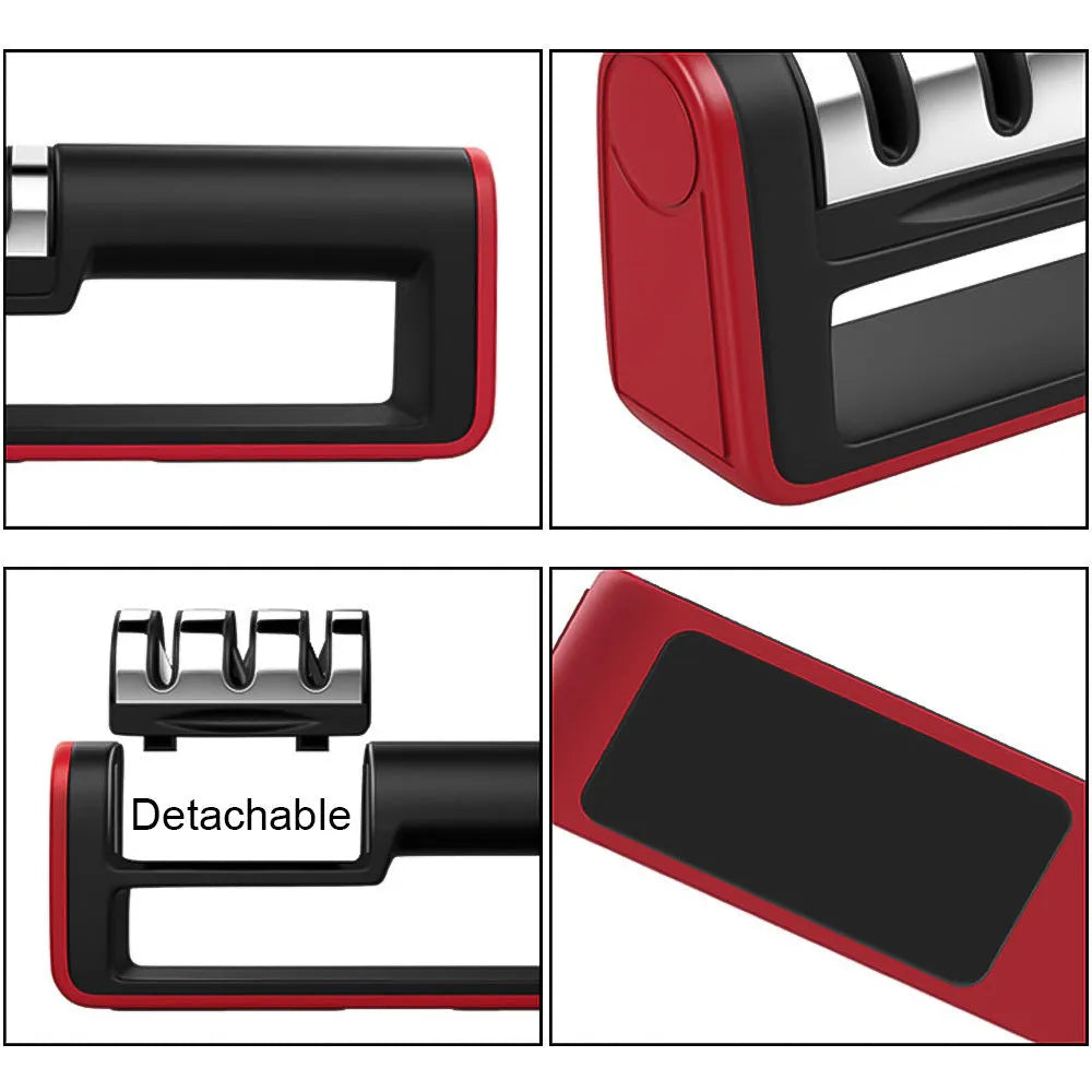Black and red three-stage knife sharpener with non-skid rubber feet on a worktop