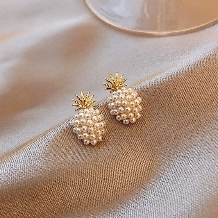 Korean style pineapple starfish pearl earrings in electroplated alloy with artificial gem inlays