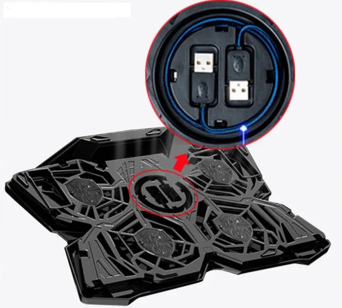Blue laptop cooling pad with four LED fans and USB ports on a desk