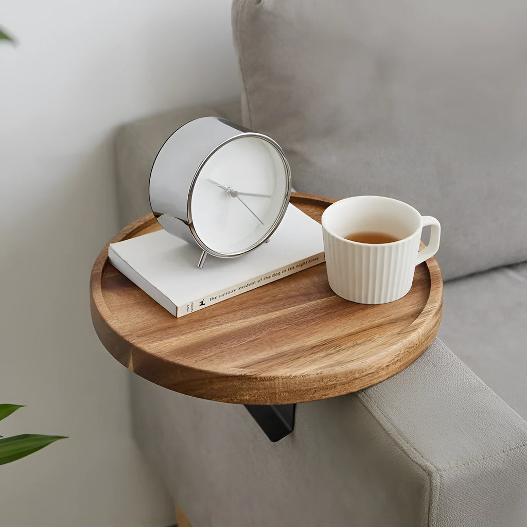 Wooden removable round tea cup tray bracket hooked on a sofa handrail for storage