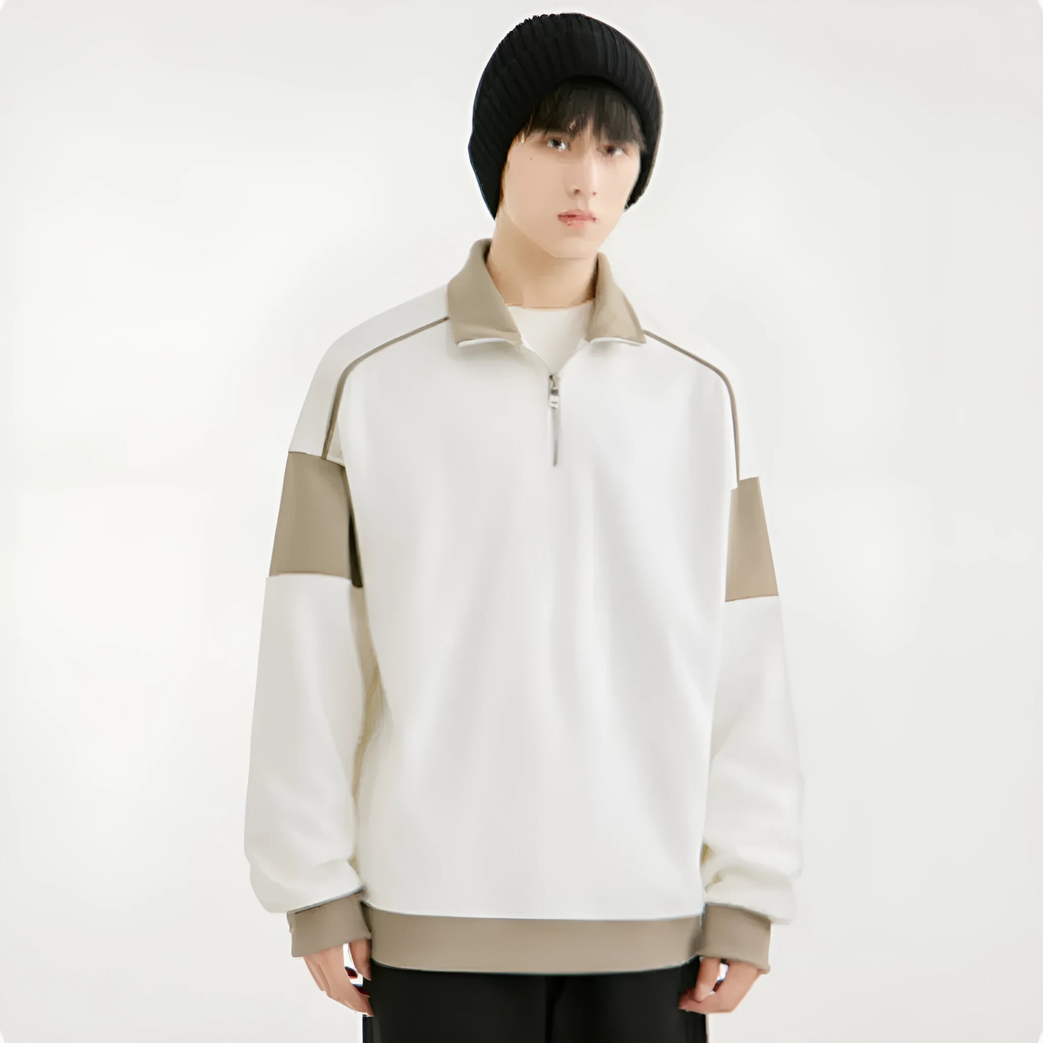 Men's beige hooded corduroy sweater with drop shoulder design and loose lapels