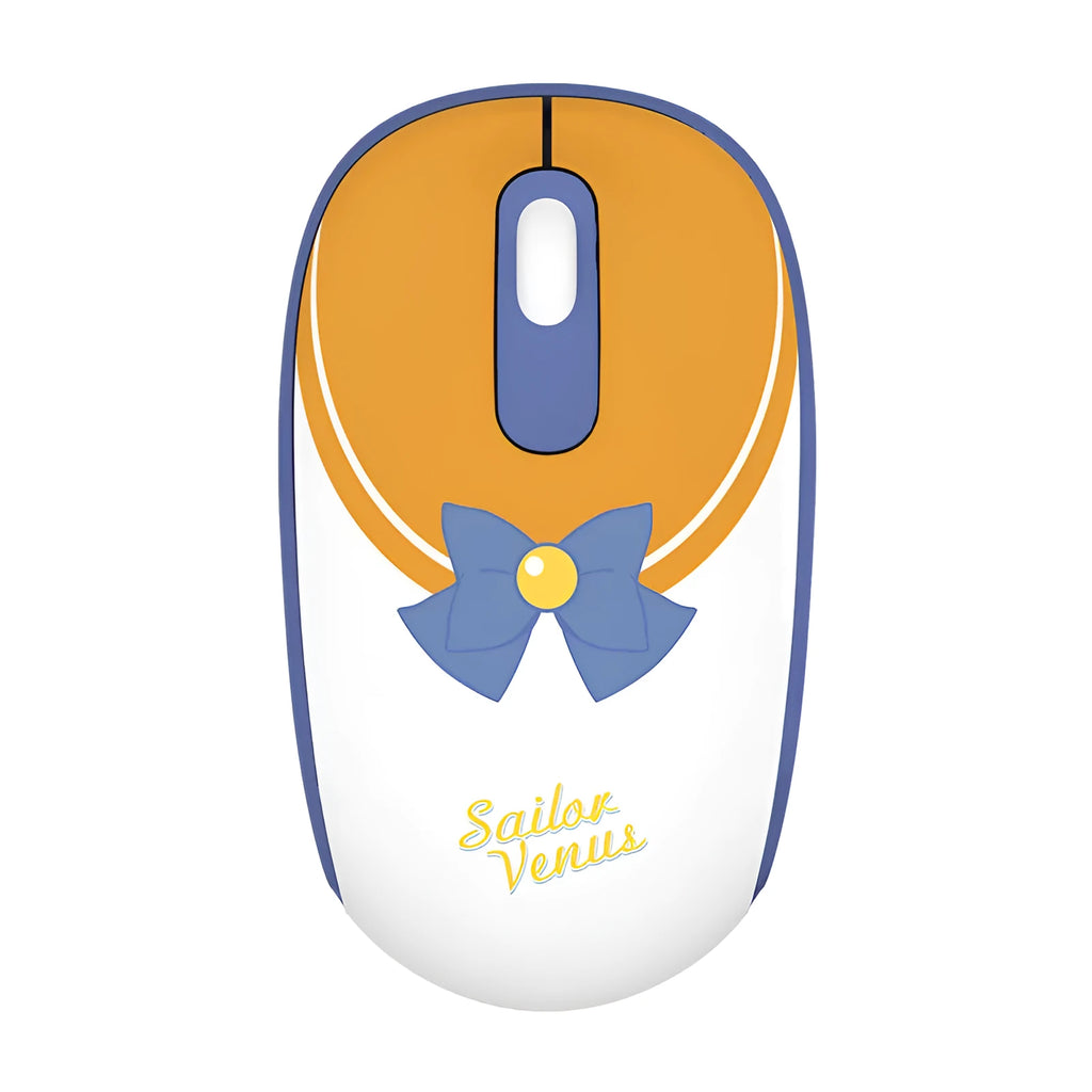 Pink Sailor Moon cartoon-themed wireless mouse with USB receiver on a desk.