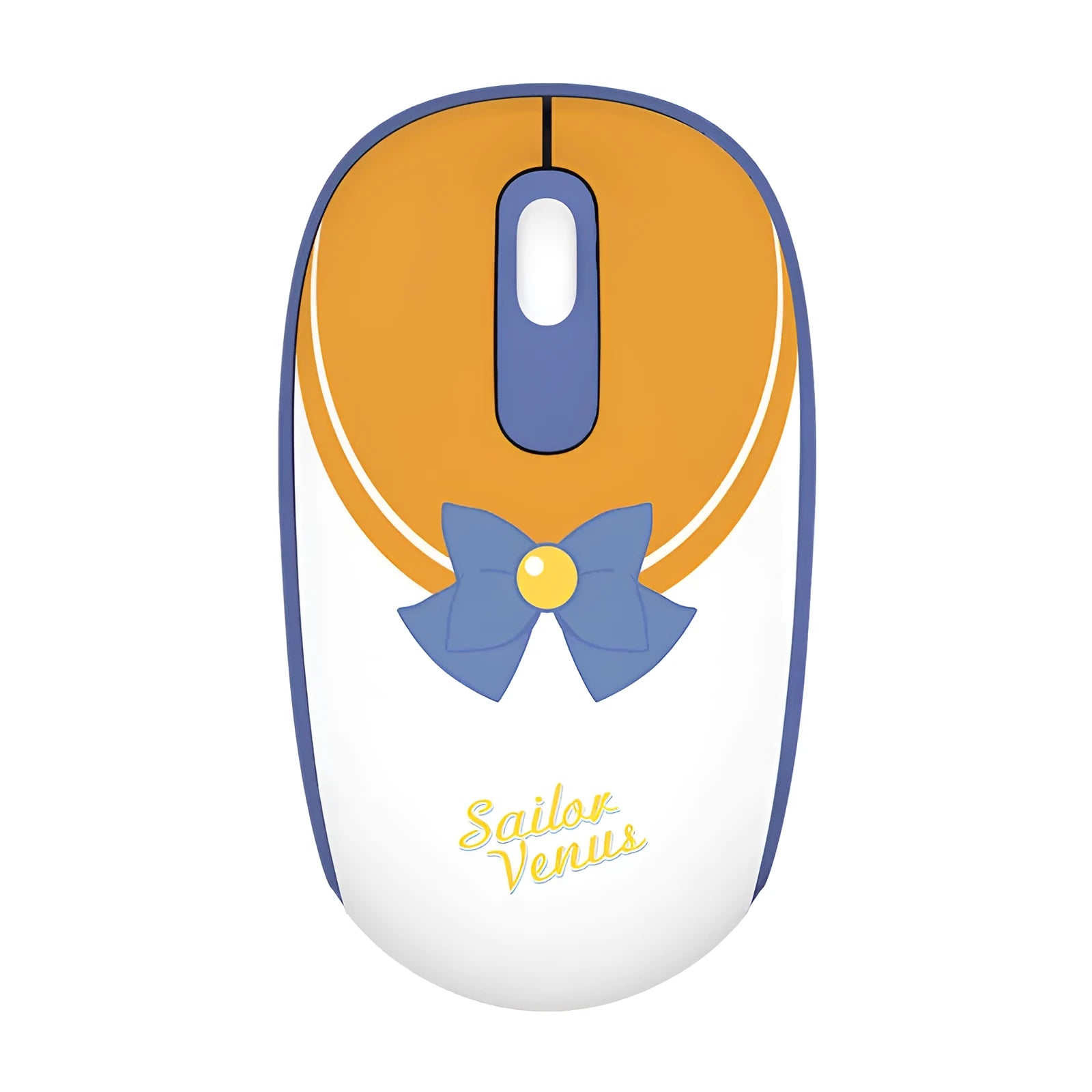 Pink Sailor Moon cartoon-themed wireless mouse with USB receiver on a desk.