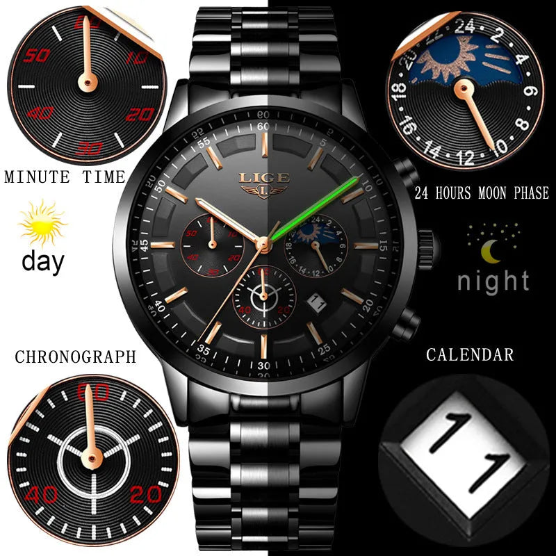 Men's black and rose gold waterproof sports watch with a quartz movement on a wrist.