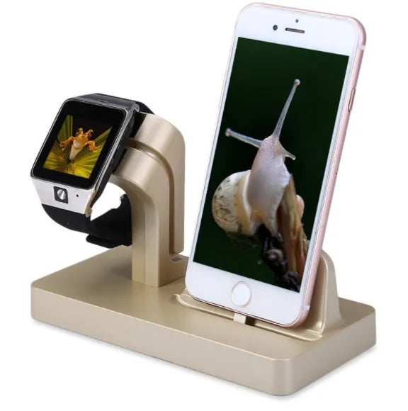 White 2 in 1 charging dock station holding an iPhone and an Apple Watch on a wooden desk.