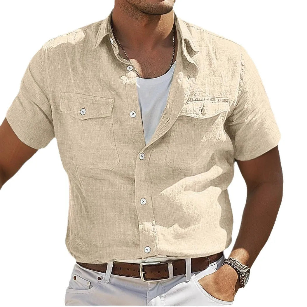 Men's loose fit linen summer shirt in a cotton cardigan style with a polo collar, shown in a solid colour.