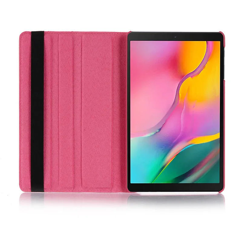 iPad rotating protective sleeve in imitation leather clamshell design showing colour options