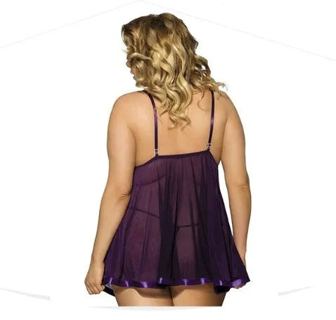 Women's purple mesh sling dress sleepwear with lace trim, seamless construction