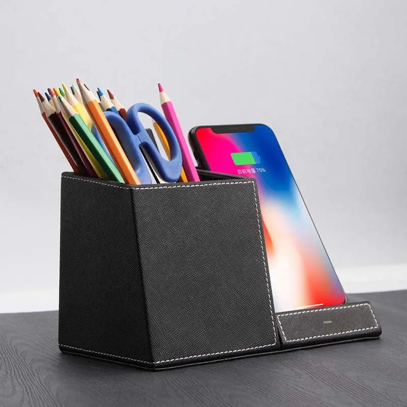 Leather desk organiser with pen holder and wireless phone charging surface