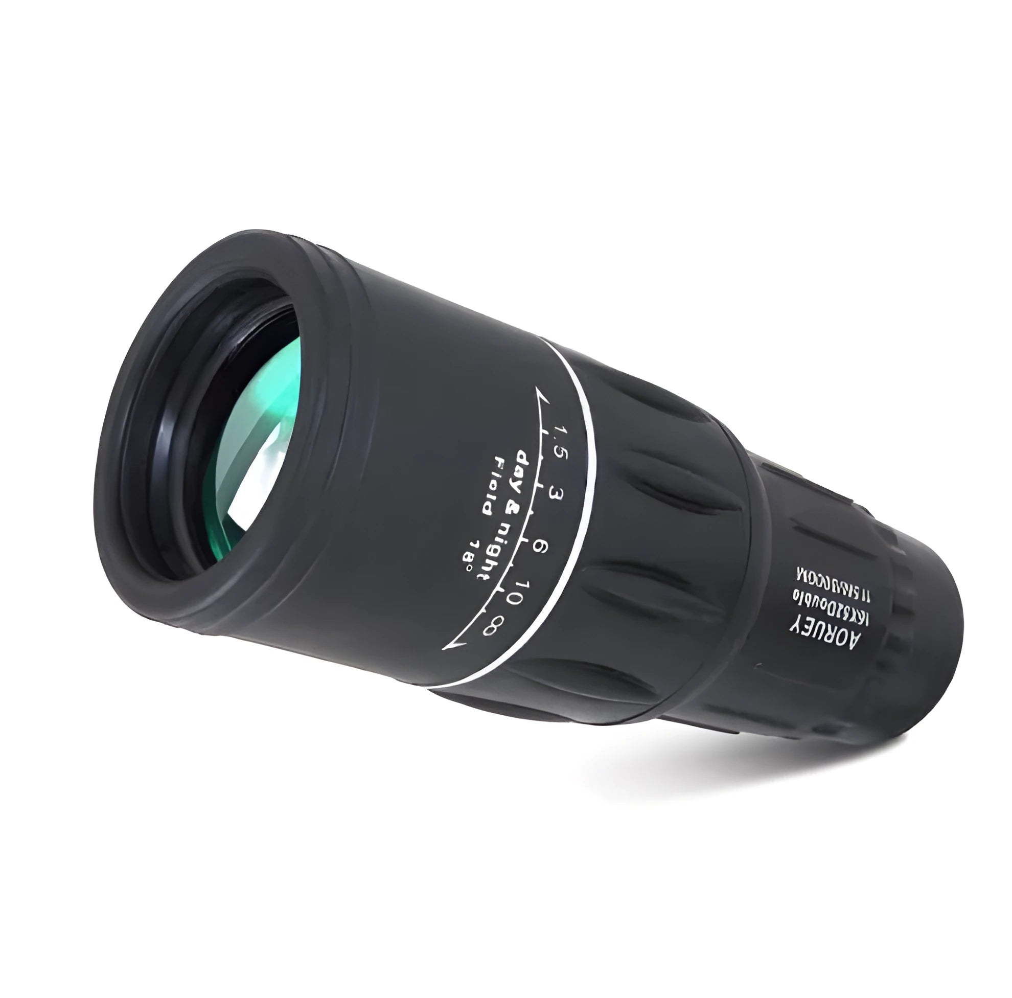 16x52 black monocular with BAK4 roof prism and green film coating on a white background