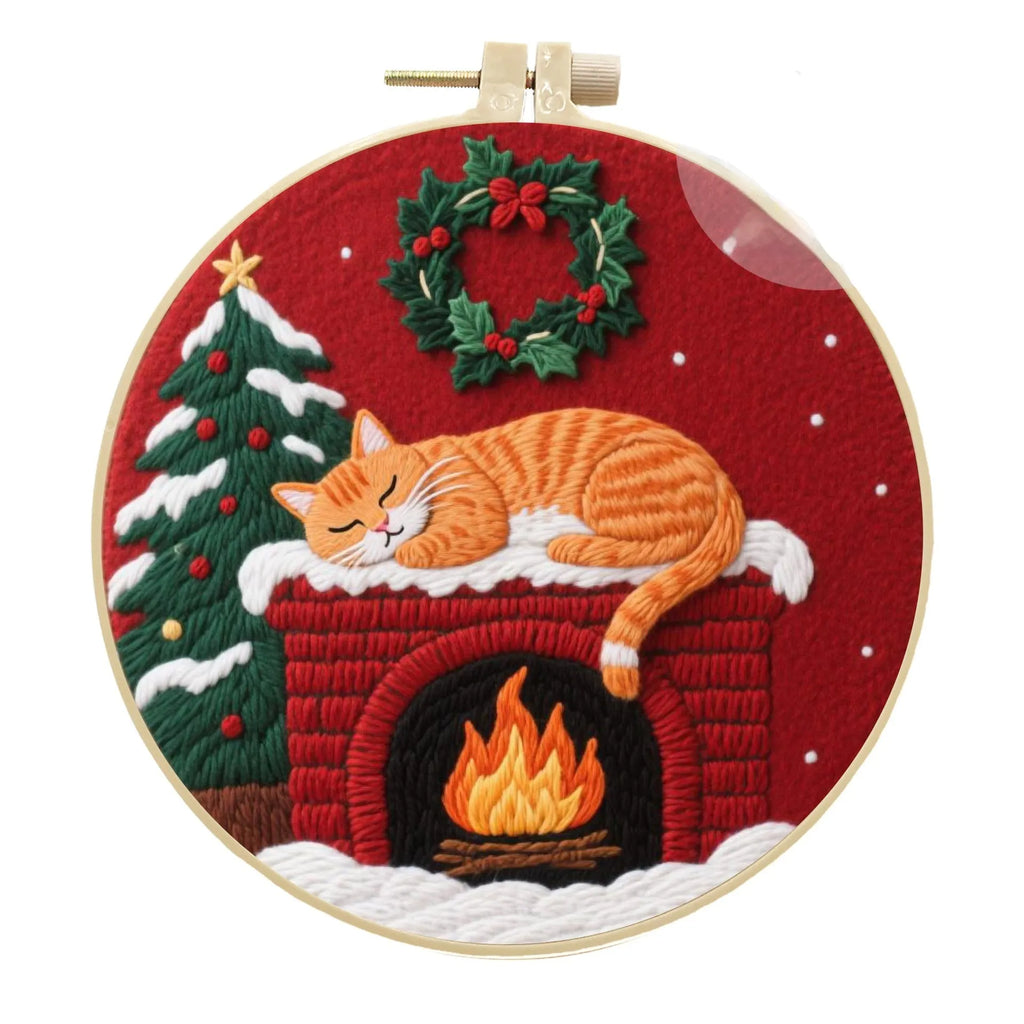 Cat embroidery DIY material package with autumn fruit designs on cotton linen fabric
