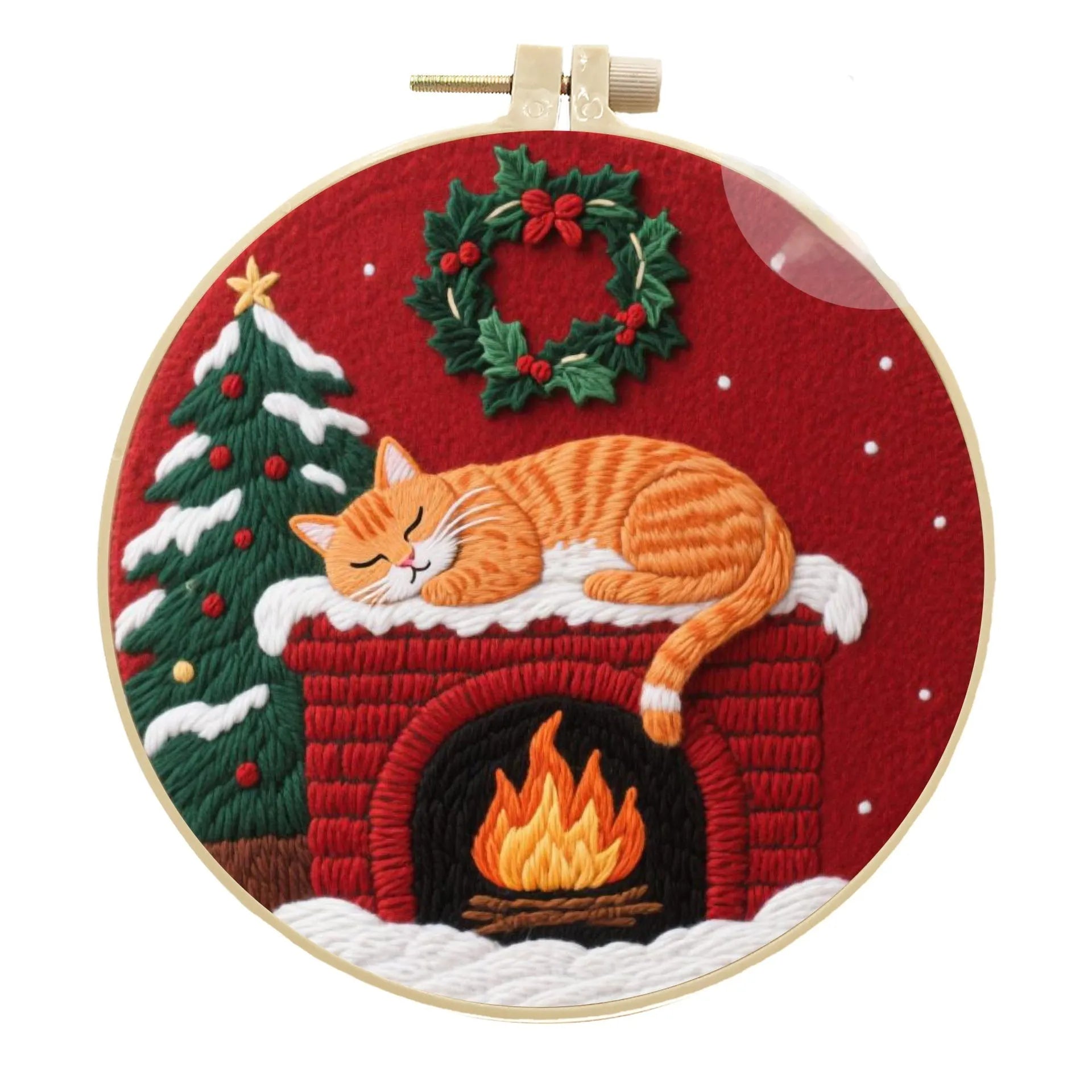 Cat embroidery DIY material package with autumn fruit designs on cotton linen fabric
