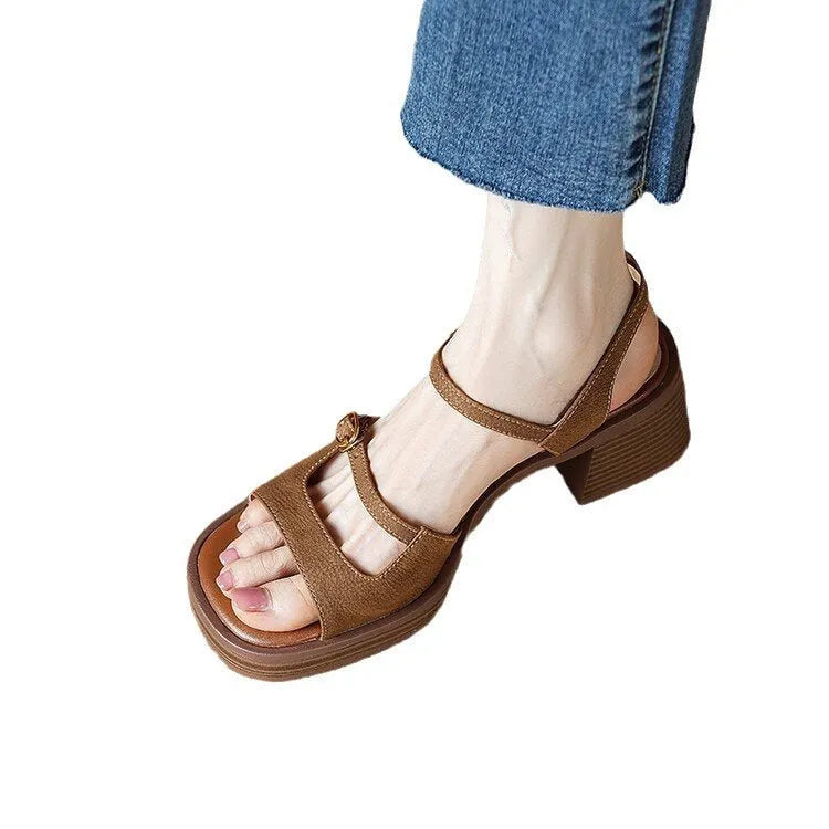 Women's open toe square toe retro platform sandals in beige with PU upper and rubber sole