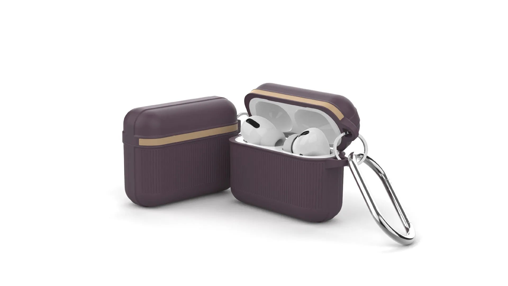 Silicone clamshell protective case for Apple AirPods with a metal buckle closure in six colour options.