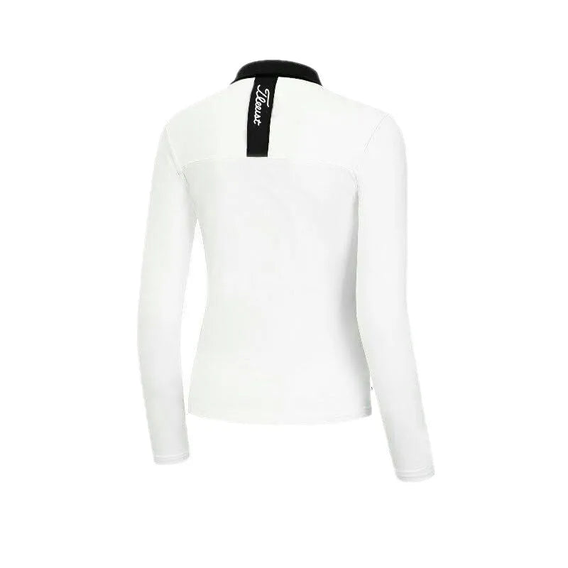 Women's white long sleeve golf top with slim sportswear fit for outdoor activities