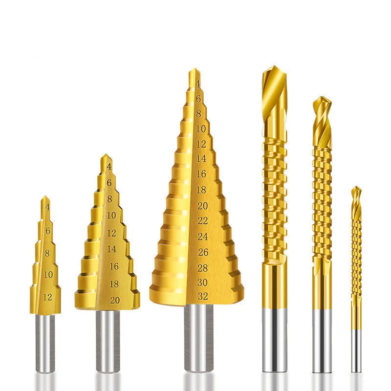 High speed steel cone step drill bit and centre punch set for metalworking.
