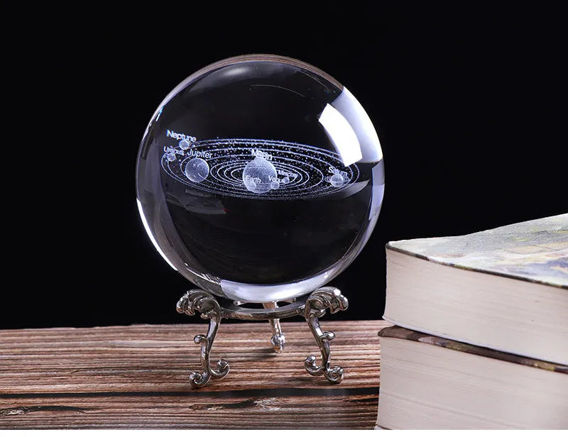 K9 crystal solar system ball with planets etched inside on a crystal base, 80mm diameter