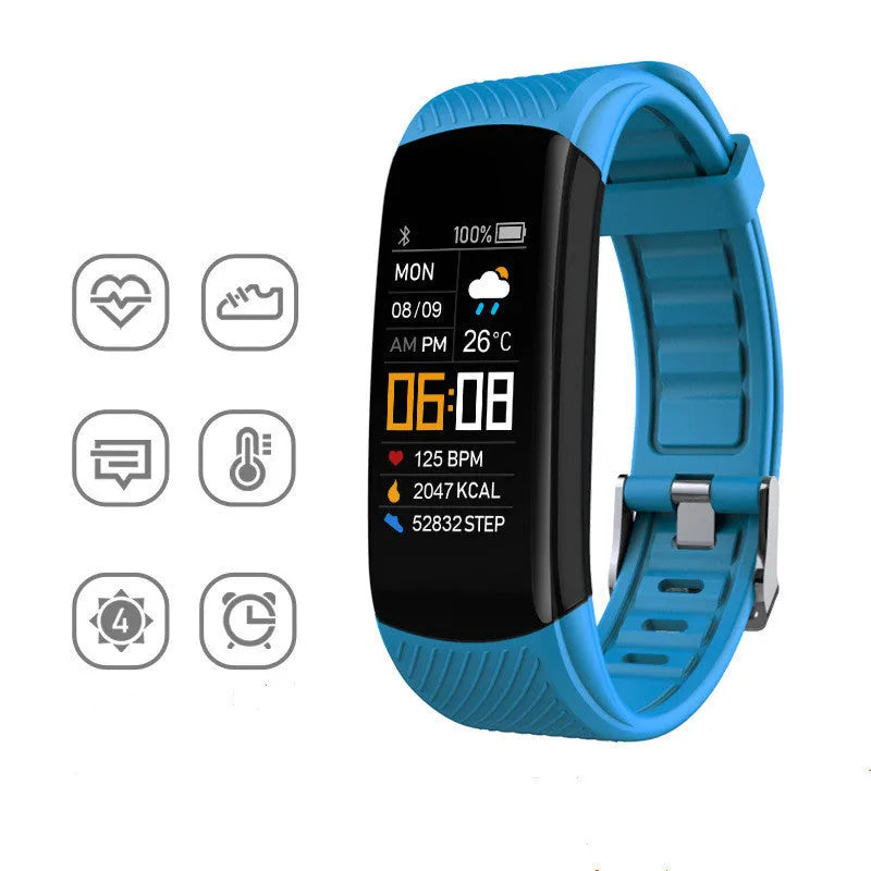 C5S model smart pedometer bracelet fitness tracker with touchscreen in various colours.