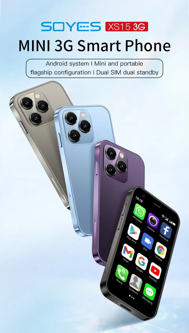 Mini smartphone with 30cm screen in black, green, or pink purple colour showing straight plate design