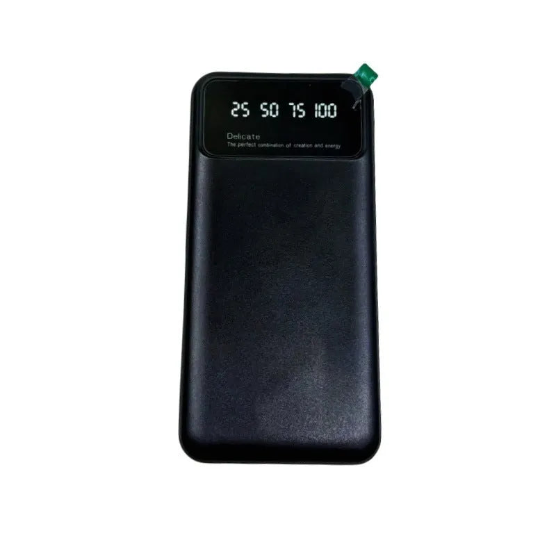 Ultra-thin black plastic power bank with 10000mAh capacity and compact design
