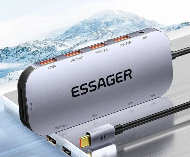 11-in-1 Type-C expansion dock with Gigabit Ethernet, HDMI, VGA, USB ports, and a 20cm cable.