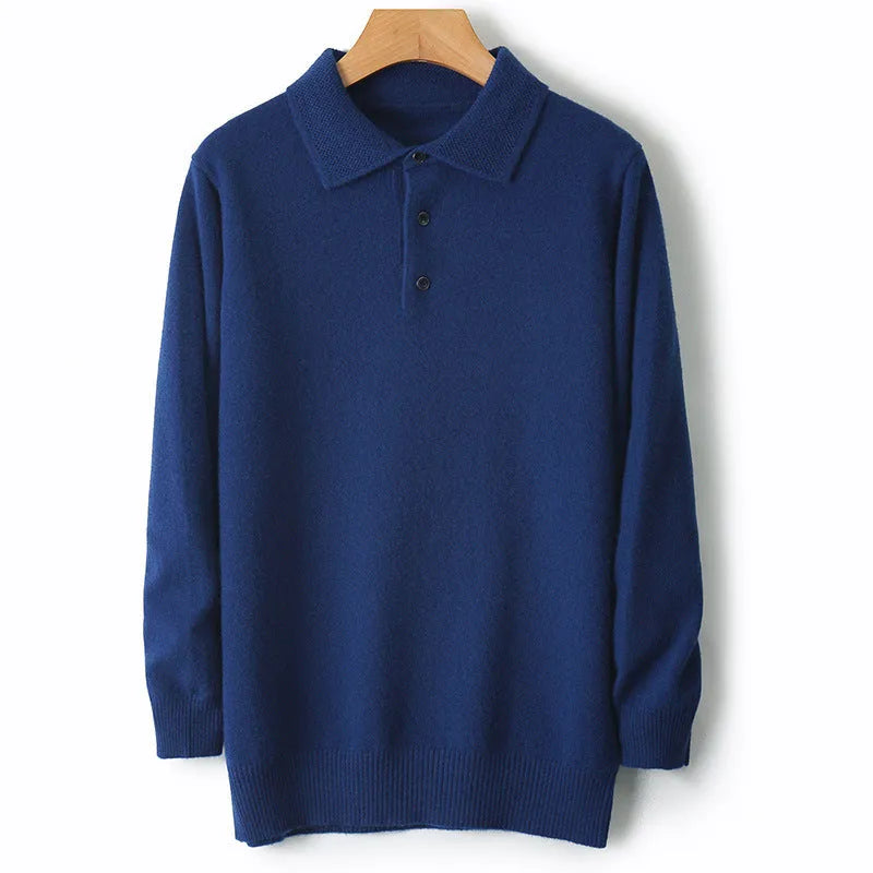 Men's grey wool pullover sweater with a polo collar and long sleeves showcasing collage stitching detail.