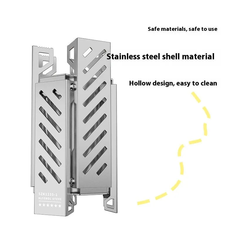 Portable hexagon alcohol camping stove showing foldable alloy construction with black finish
