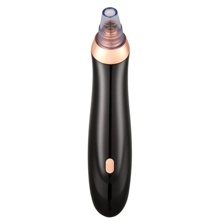 Electric blackhead extractor tool in black, gold, red, or white with interchangeable nozzles.