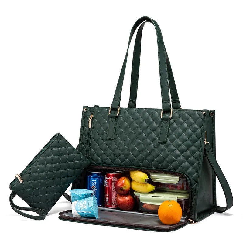 Quilted lunch tote bag for women with thermal insulation, laptop compartment, matching wallet, in black, front view