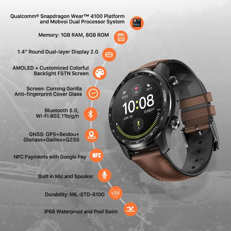 Ticwatch Pro X smart watch with circular display showing fitness metrics