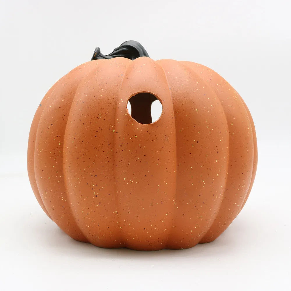 Halloween pumpkin lantern with scary hollow-out skull design in yellow resin, 23x19cm